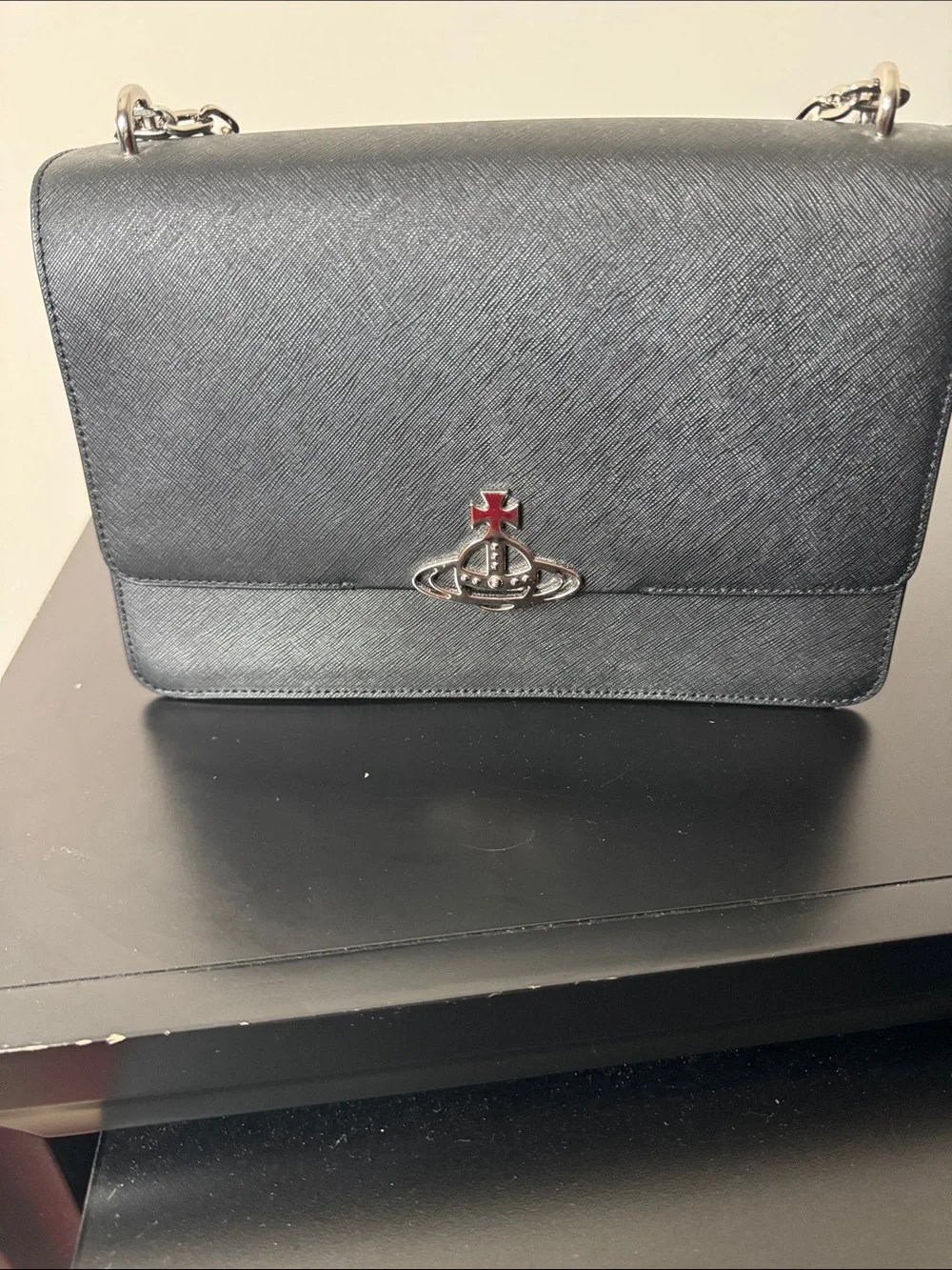 Vivienne Westwood Black Leather Shoulder Bag with Silver Chain